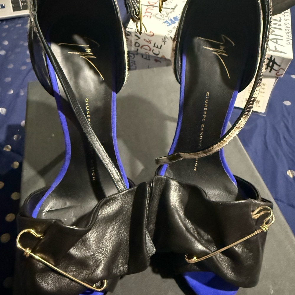 Giuseppe Zanotti Black and Blue Heels with Gold Accents